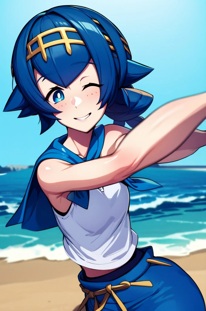 (master piece), (best quality), (8k), (ultra high resolution), (highest quality), (anime style), (best writing), (beautiful face), (masterpiece), (highest quality), (detailed beautiful face and eyes), (textile shading), (cowboy shot), (beach), 1girl, solo, pkmnLana, white pupils, headband, blue sailor collar, sleeveless white shirt, swimsuit under clothes, blue pants, small breasts, beautiful breasts, happy, happy, smile, stretching, one eye closed,