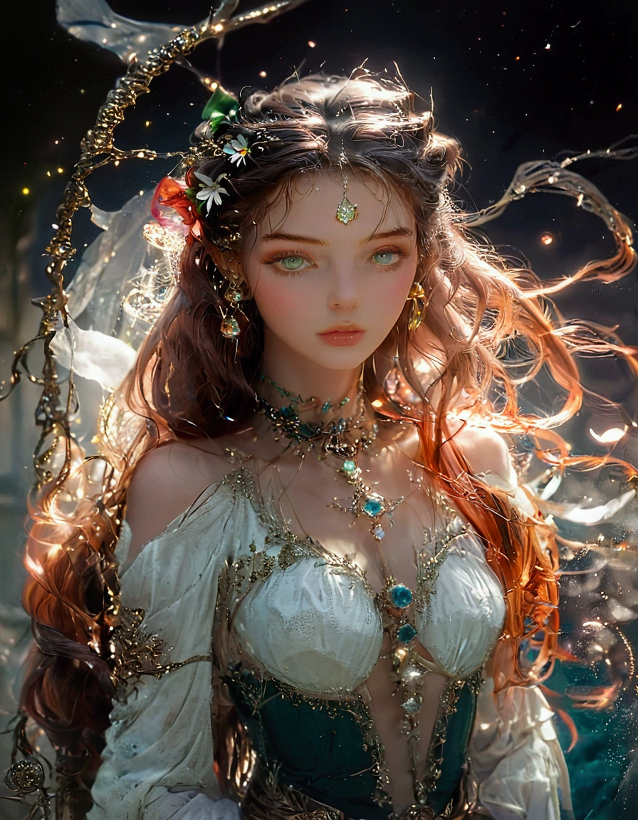 ((best quality)), ((masterpiece)), (detailed), image of a very beautiful noble lady. long red hair. Light bubble background.