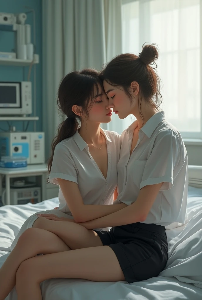 2 girls in the piano room, Navy blue short-sleeved shirt,Navy Long Trackpant,Sweatpants, Sweatpantsขายาว, lying on the bed., หญิงรักhave sex, coax, Sexual arousal, Realistic poses, exercise clothes, exercise clothes, have sex