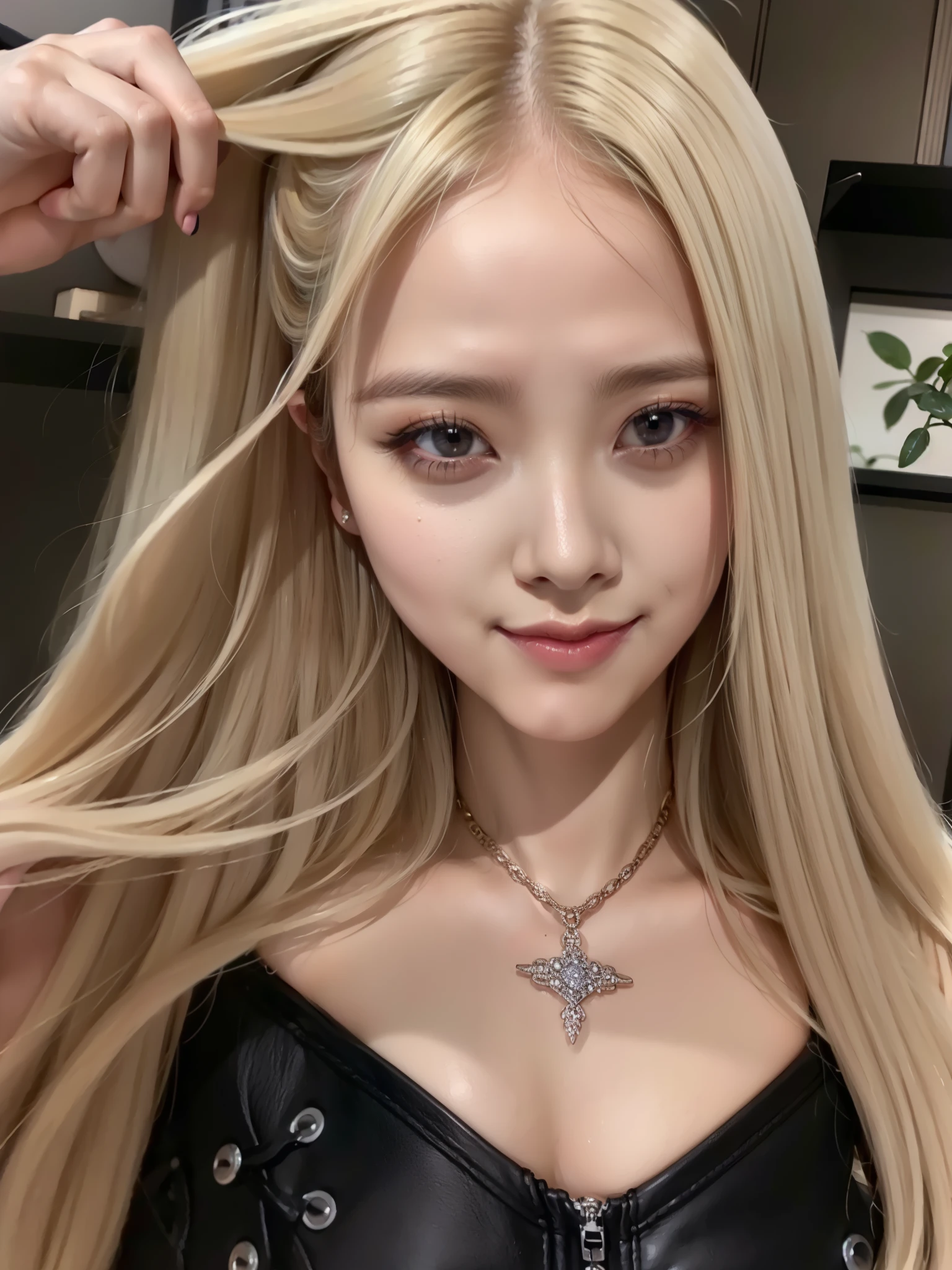 Blonde woman with long hair holding a white cell phone., retrato de kim Jisoo, maquillaje popular de corea del sur, Retrato de Jisoo de Blackpink, Jisoo de Blackpink, ulzzang, maquillaje coreano popular, cruel korean gothic girl, con el pelo largo y blanco, inspirado en Jisoo, bella delfina, Jisoo