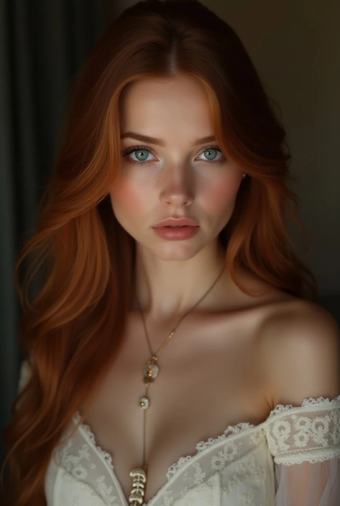Best quality, masterpiece, ultra high res, (photorealistic:1.4), raw photo, 1girl, waist up, sitting, cinematic, beautiful girl, beautiful eyes, red hair, honey eyes