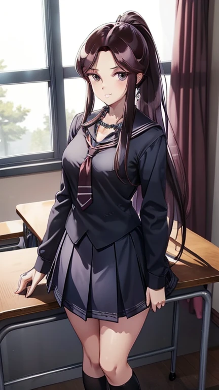 girl, solo, long hair,  breasts, looking at viewer, blush, smile, bangs, skirt, large ultimate breasts, shirt, jewelry, school uniform, standing, collarbone, full body,  white shirt, ponytail, thighs, pleated skirt, parted lips, necktie,shoes, socks, collared shirt, indoors, miniskirt, necklace, blue skirt, see-through, kneehighs, window, chair, brown footwear, arms behind, high ponytail, curtains, loafers, desk, classroom, school desk, loose neckte)), SRS, RRS, MRS, FRS,