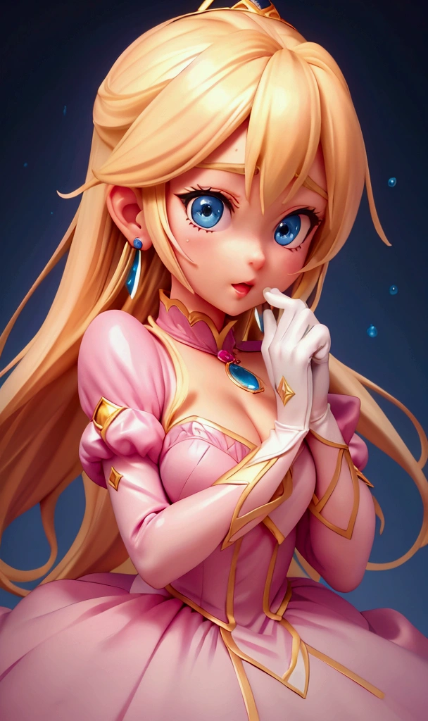 1 girl, blonde hair, blue eyes, arched eyebrows, pink lips, corona multiples are adorable, full body, blue teardrop earrings, pink long sleeve dress, Blue oval pendant with gold edge, white gloves, expression of surprise, 