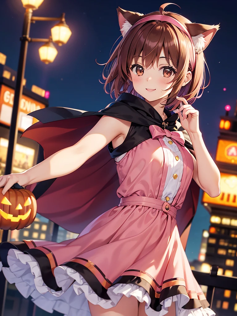  High Resolution ,cute, Brown Eyes ,Brown Hair,20-year-old woman,solo,Pink dress, pink hair band ,smile,B Cup, short hair,Looking at the camera,Blurred Background,Night cityscape,Free posing,Halloween,Black Cape,Cat ears,