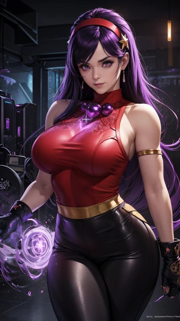 Realistic 1.2, She is at the gym, gym, headband, long hair, purple hair fingerless gloves, purple eyes, headband vermelha, jewelry, star, (symbol), hair ornament, red sports skirt ,  black legue pants underneath , hair ornament de star, big breasts, red tank top, fringe, big breasts, red gloves, ( Computer-generated images) e VFX (Visual Effect)  highlight intricate anatomical features in a perfect way. sfx, complement visual art, immersing the viewer. The level of detail is inspiring,  with meticulously crafted intricate elements ,  volumetric effects add depth and dimension , and the photorealism is unmatched. The image is rendered in 8K resolution,  ensuring super-detailed visuals , highlighting your beauty and aura in a supernatural way.  High Dynamic Range technology  (HDR)  makes the cores stand out , adding richness to the overall composition. Finally, this art presents an unreal portrait.