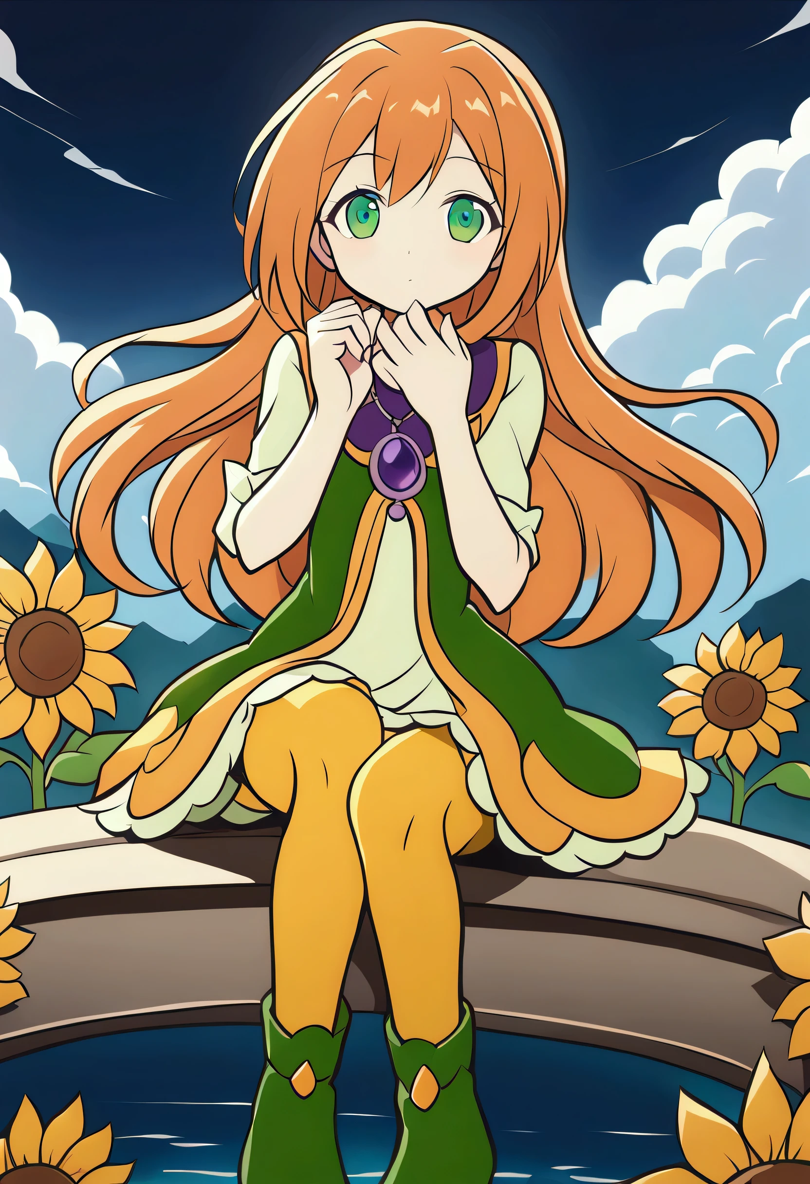 1girl, green eyes, purple pendant, orange hair, medium hair +++ yellow pantyhose, green dress, lightgreen shirt, green boots Hiding face with arm, looking to the side, extremely quality extremely detailed, illustration, cute anime face cinematic lighting,Long haired anime girl sitting on a bridge with flowers, Anime drawing by Shitao, Pixiv,  conceptual art, Beautiful sunflower anime girl, Nightcore,   Best Anime 4K Conachan Wallpaper  , Shu,  cute anime girl visual,  from the Azur Lane video game ,   soft anime illustration  , Anime Style 4k,  ANIMEMOA ART STYLE