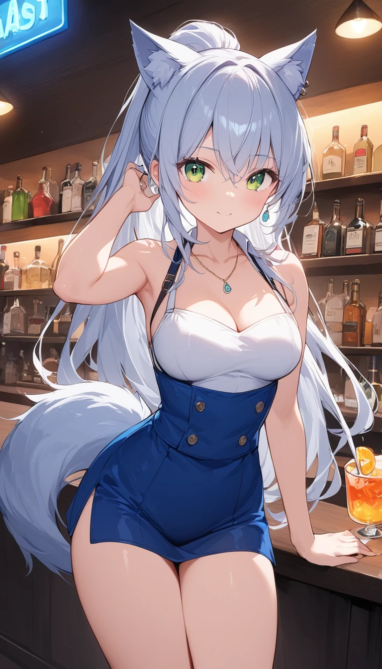 One Girl、Bar Counter,Working bartenders、Bartender costume,Wide Shot、holding cocktail glass、20-year-old women、（Those piercing green eyes that seem to look directly into your soul.）、(Silver Hair)、(Very long hair)、Bangs between the eyes、ponytail、Wolf ears and tail，Earrings、necklace, masterpiece、Best Quality、High resolution、Very detailed、Great graphics、 , a bar with a neon blue bar and stools , neon light