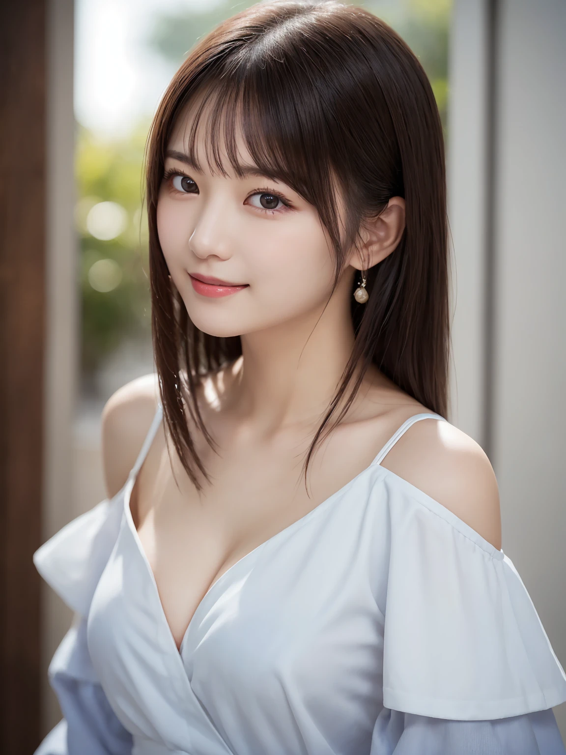 Complex and beautiful eyes、(stand up : 1.4)、Feminine black hair、(Delicate and realistic hair、1 bottle１Realistic hair)、bangs、 Natural Colored Lips 、smile、((White interior)), Wall、((18-year-old female:1.2))、Young and adorable Japanese face, Official Art，Highly detailed CG Unity 8k wallpaper，（masterpiece:1.0),(Best Quality:1.0), 超 High Resolution ,4K, very detailed, photo shoot, 8k, NFFSW,  High Resolution ,  Kodak Portrait 400, Film Grain, Lens flare glow,高いest quality,8k,NFFSW:1.2), portrait shot,8k、 viewer, (((Front View))), ((Facing))、Body facing forward、Bold cleavage、(Firm breasts : 1.5)、(Small face : 1.5), Highest quality、Super beautiful images、smile, yellow race、(Shoulder to head  : 1.8)、(Focus on the head and face : 1.3)