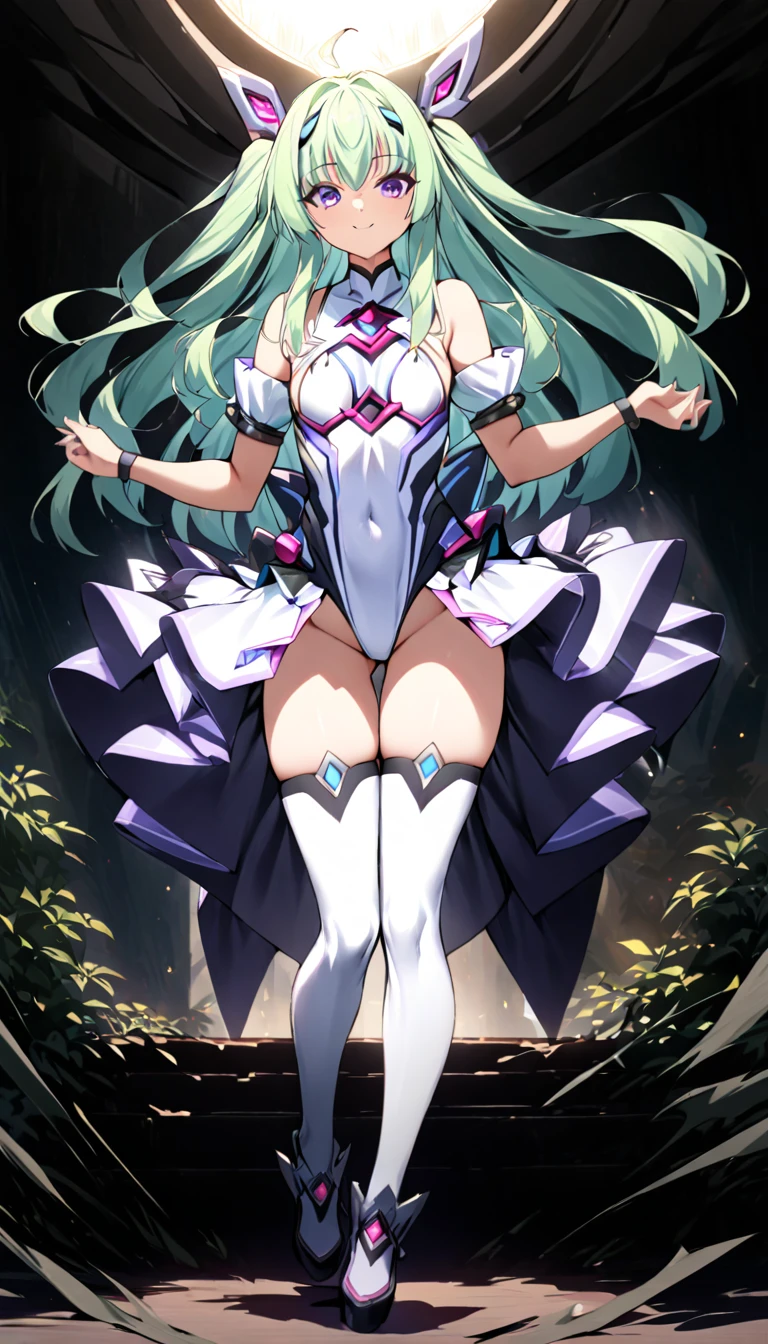 (Full Body),masterpiece, Best Quality,  High Resolution ,Former Tier_flora, Magical Girl, One Girl, Alone,  purple eyes, Green Hair，Long Hair， leotard， elbow handbag，Knee-high socks， cowboy shot that makes me dream violently, upright，Put your hands on your hips and smile , Sunshine