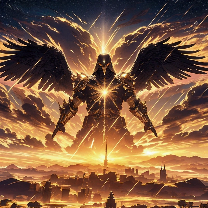 Giant black anthropomorphic crow God, donned in glowing white and gold armor, giant black wings spread wide, arms spread in tandem with wings, heaven sky background, High Resolution, Masterpiece, Accurate, Award Winning, Super Detailed, 8K Octane, Cinematic, Cinematography, Digital Art, Hyperdetailed, HyperrealismDepth Of Field, God Rays, Cinematic Lighting, 