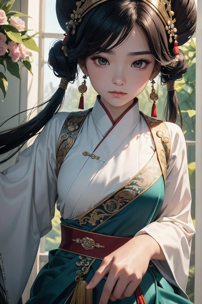 ((UHD, masterpiece, accurate, anatomically correct, super detail, best quality, 8K)), with a crown on her head, Yun Ling, heise-lian yan fang, Inspired by Run In, Xianxia, Inspired by Zhao Yuan , A close-up of a woman in a dress inspired by Li Tang , Inspired by Li Mei-shu, Haise Jinyao, Inspired by Qiu Ying, Inspired by Shu Ren, Huayun