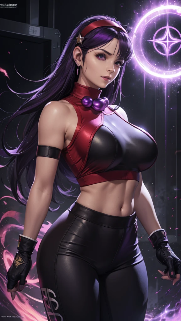 Realistic 1.2, She is at the gym, gym, headband, long hair, purple hair fingerless gloves, purple eyes, headband vermelha, jewelry, star, (symbol), hair ornament, red sports skirt ,  black legue pants underneath , hair ornament de star, big breasts, red tank top, fringe, big breasts, red gloves, ( Computer-generated images) e VFX (Visual Effect)  highlight intricate anatomical features in a perfect way. sfx, complement visual art, immersing the viewer. The level of detail is inspiring,  with meticulously crafted intricate elements ,  volumetric effects add depth and dimension , and the photorealism is unmatched. The image is rendered in 8K resolution,  ensuring super-detailed visuals , highlighting your beauty and aura in a supernatural way.  High Dynamic Range technology  (HDR)  makes the cores stand out , adding richness to the overall composition. Finally, this art presents an unreal portrait.