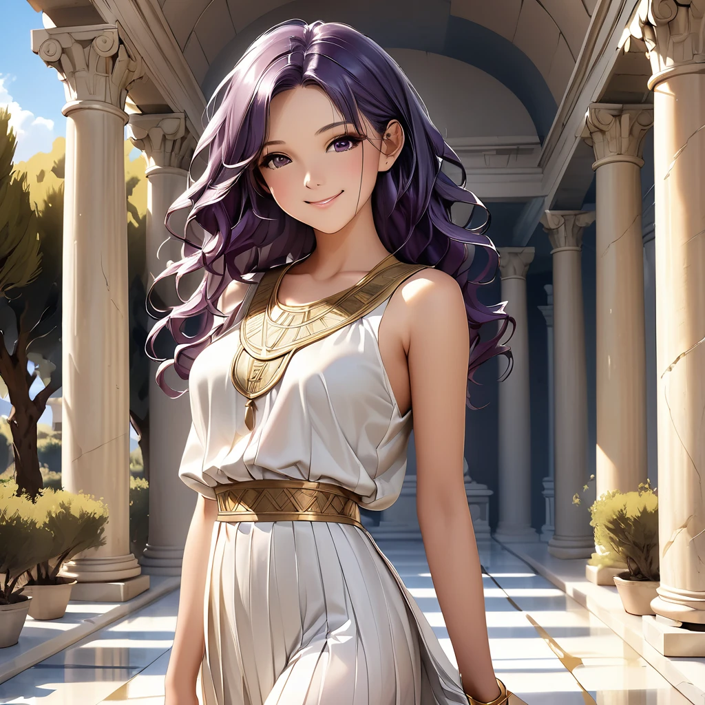 A girl wearing an ancient Greek chiton, standing elegantly, the chiton flowing gracefully with pleats, intricate patterns embroidered, delicate sandals, dark wavy hair styled in a Greek fashion, serene expression, set against a backdrop of ancient Greek architecture with marble columns, olive trees in the background, soft sunlight casting gentle shadows, historical and mythological ambiance, high detail, realistic style, deep purple hair , hyper beautiful face, purple hair, perfect anatomy, shiny skin, beautiful smile, 