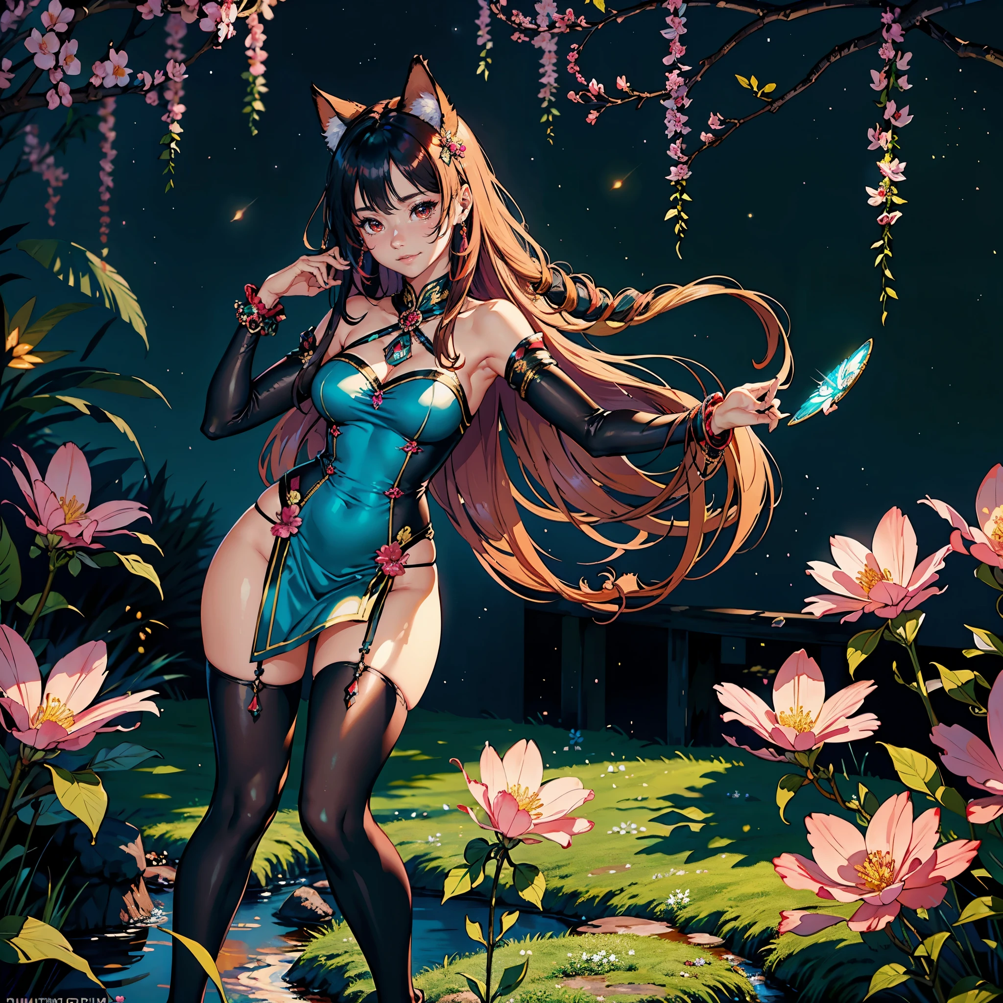 (highest quality, masterpiece, High resolution)、(anime art)、bright light、brown eyes、(Cat ear)、long hair、hair ornaments、choker、Cute face details、enchanting smile、small breasts、whole body、((sakura tropical background))、pink red silk Chinese dress outfit,   (best quality,4k,8k,highres,masterpiece:1.2),ultra-detailed,(realistic,photorealistic,photo-realistic:1.37),acrylic painting,beautiful Indonesian model in a teal silk Chinese teal silk dress with downy hair,beautiful Indonesian model with extremely colorful hair and detailed facial features,beautiful Indonesian model standing in a beautiful garden surrounded by a starry sky,beautiful Indonesian model wearing a vibrant pink red dress, beautiful Indonesian model with intricate accessories,beautiful Indonesian model posing gracefully,beautiful Indonesian model with long flowing long hair,beautiful bright brown eyes and rosy lips,beautiful Indonesian model with a joyful expression,beautiful Indonesian model in a dynamic pose with sakura blossoms falling around her,beautiful Indonesian model surrounded by colorful flowers and butterflies,beautiful Indonesian model's pink red silk dress adorned with cute bows and chains, thighhightights,beautiful Indonesian model with an enchanting smile,beautiful Indonesian model with soft, pastel-colored shading,beautiful Indonesian model with a magical glow illuminating her,beautiful Indonesian model in a picturesque setting with a winding path leading to a magnificent castle,beautiful Indonesian model with a fairytale-like background,beautiful Indonesian model with a soft, dreamy atmosphere,beautiful Indonesian model with a subtle bokeh effect,beautiful Indonesian model standing under a moonlit sky,beautiful Indonesian model with a warm, golden sunset in the background,beautiful Indonesian model surrounded by twinkling stars and colorful nebulae,creating an ethereal and captivating artistic, cat ears, smiling, sexy outfit, thigh high tights 