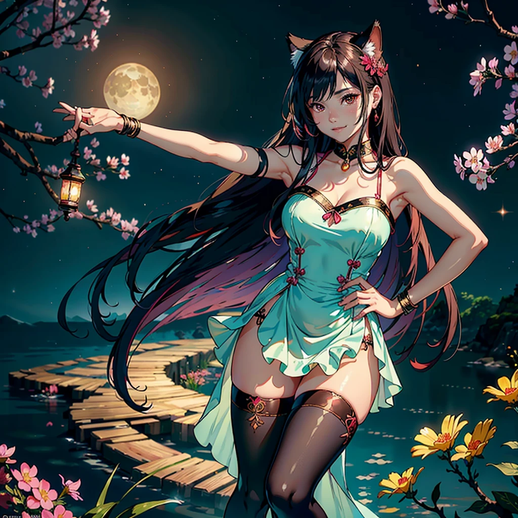 (masterpiece, best quality: 1.2), 1girl, solo, anime art, magic circle, black hair, long hair, finely detailed eyes, smiling expression, sweat, dress with ruffles, purple color scheme, high heels, white gloves, heart shaped necklace, tiara, moonlight, forest, scales, sharp claws, pointed tail, sakura trees, moonlight filtering through leaves, fallen leaves, shrubs, sakura flowers,  flying flowers, river, bridge, night clouds, starry sky, windy, rustle of leaves, anime style --auto --s2