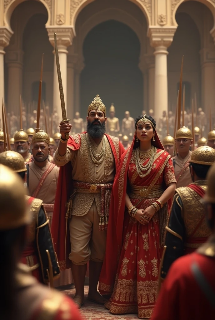 Shivaji Maharaj and other Maratha chiefs are standing in one place and a woman is being tortured in front of them