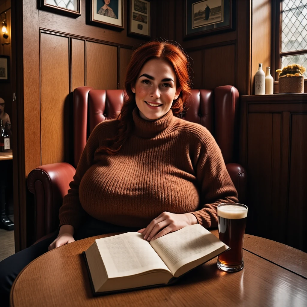 Photorealistic, cinematic style, picture of a beautiful British woman in a rustic pub.  She's sitting in a booth with an opened  book on the table next to the brown beer glass. (Dynamic pose: 1.5), smile. She has Brown eyes, downturned eye shape, light skin and freckles, reddish-brown hair, ponytail hairstyle .  She's wearing a knitted sweater with rich earthy brown colours, dark brown corduroy trousers. Dark brown wood paneling, wooden table. ((Theme colour is brown)). perfect hand,HDR, intricate details ,