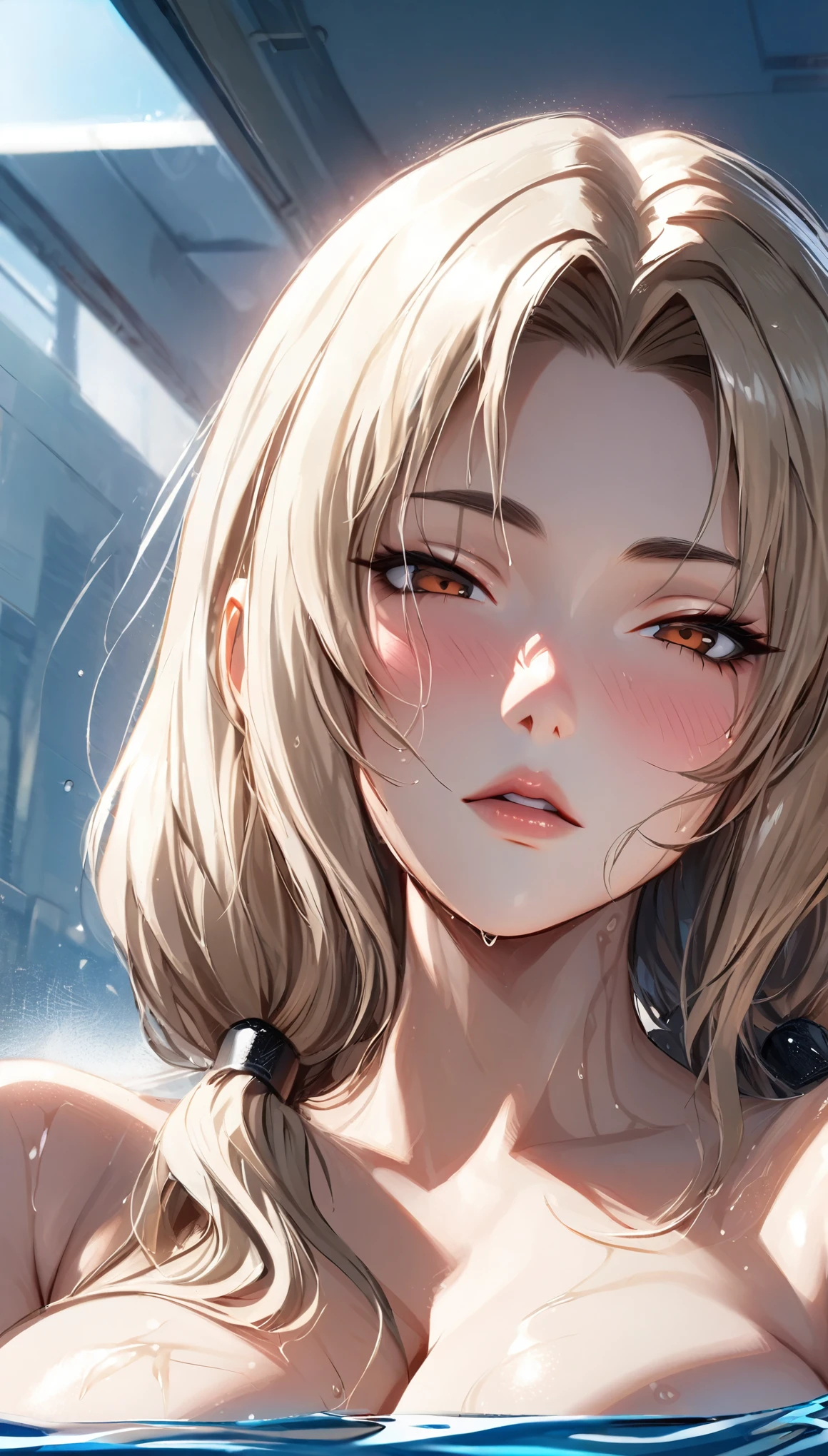masterpiece, best quality, intricate details, 1girl, woman, mature female, blonde hair, ttsunade, tsunade \ (naruto\), brown eyes, long hair, bangs, low twintails, (open eyes), (medium close-up shot), portrait, focus on face, bust, (chest and face), defined eyebrows, perfect face, female focus, nude, large breast, cleavage, nipple, nude, female focus, looking at viewer, full-face blush, (side view) (medium close up shot) (solo) detailed, very high resolution, no blurry image, ((tsunade senju from naruto)) ((female tsunade senju from naruto)), white skin, curvy, masterpiece, best quality, highres, best illumination, depth of field, perspective with background, vivid colours, colours, swimming pool view, in a swimming pool, emerging from the water, wet skin