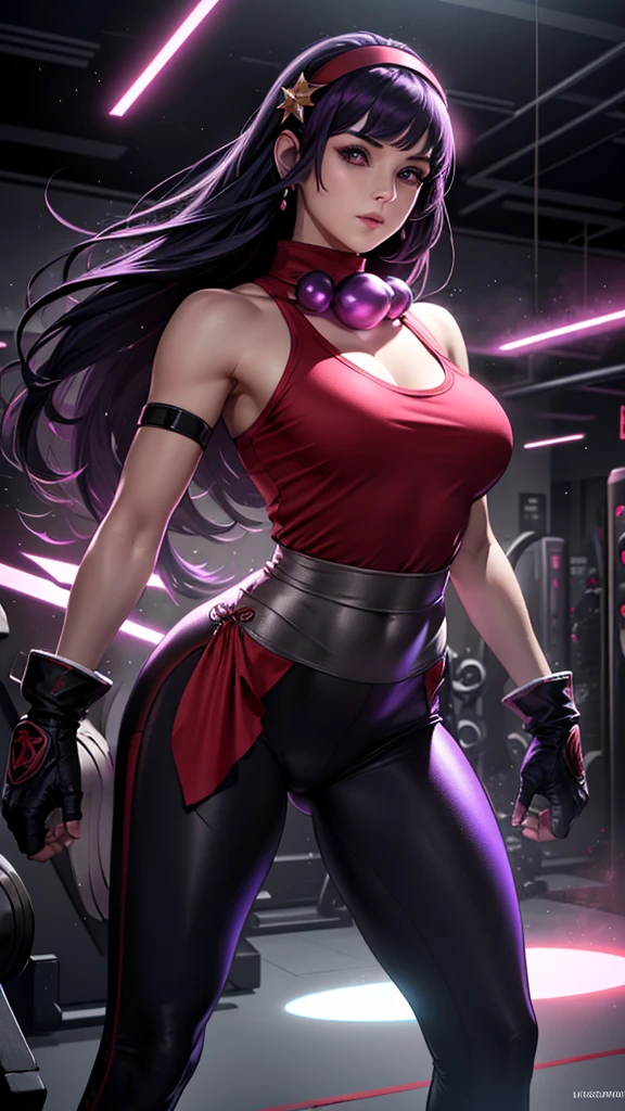 Realistic 1.2, She is at the gym, gym, headband, long hair, purple hair fingerless gloves, purple eyes, headband vermelha, jewelry, star, (symbol), hair ornament, red sports skirt ,  black legue pants underneath , hair ornament de star, big breasts, red tank top, fringe, big breasts, red gloves, ( Computer-generated images) e VFX (Visual Effect)  highlight intricate anatomical features in a perfect way. sfx, complement visual art, immersing the viewer. The level of detail is inspiring,  with meticulously crafted intricate elements ,  volumetric effects add depth and dimension , and the photorealism is unmatched. The image is rendered in 8K resolution,  ensuring super-detailed visuals , highlighting your beauty and aura in a supernatural way.  High Dynamic Range technology  (HDR)  makes the cores stand out , adding richness to the overall composition. Finally, this art presents an unreal portrait.