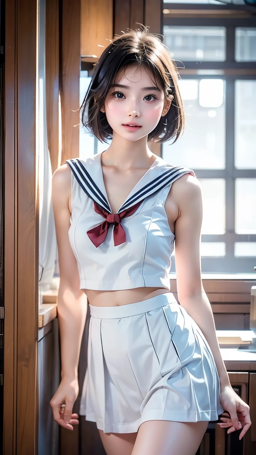 highest quality,photo quality,ultra high resolution,professional lighting,,beautiful actress,thin face,Healthy complexion,Japanese,black hair,（short bangs),ponytail,(sailor suit:1.1),small breasts,natural makeup,navel,thin waist,