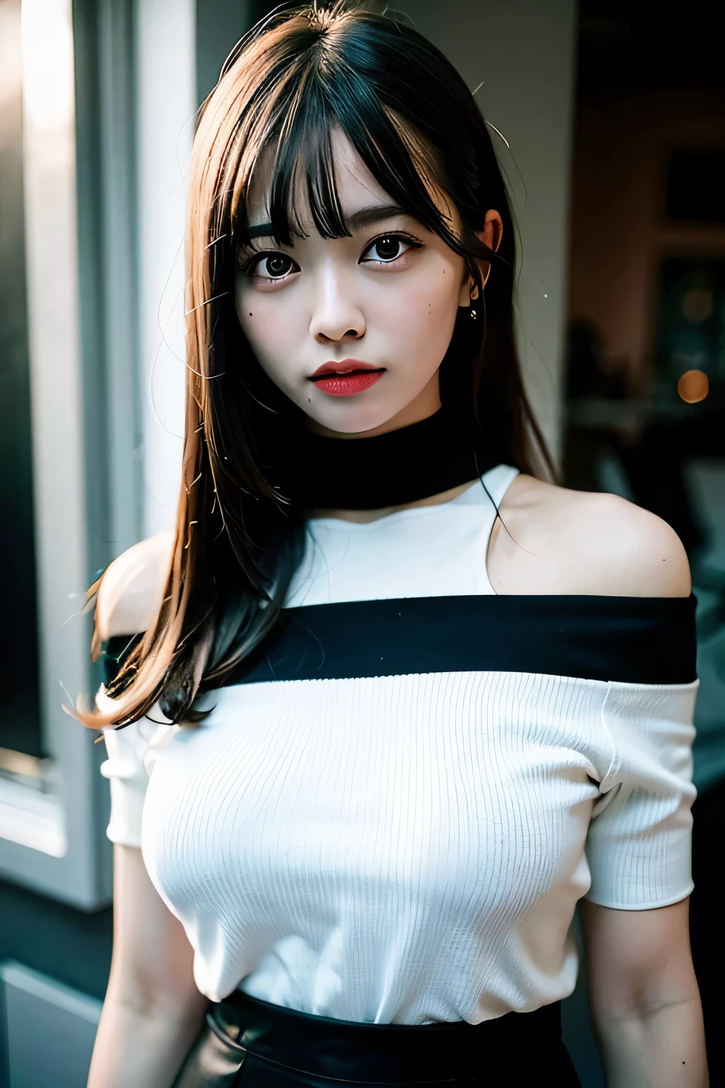 (Realistic, photoRealistic), (Delicate eyes and face), detail hair, Ray tracing, the Extremely Detailed CG Unity, highest quality, Ultra-high resolution, (Realistic:1.4), One girl, nude, Black tight skirt, Black Choker, (Faded grey hair:1), (Huge breasts:1.4), View your viewers, close ,