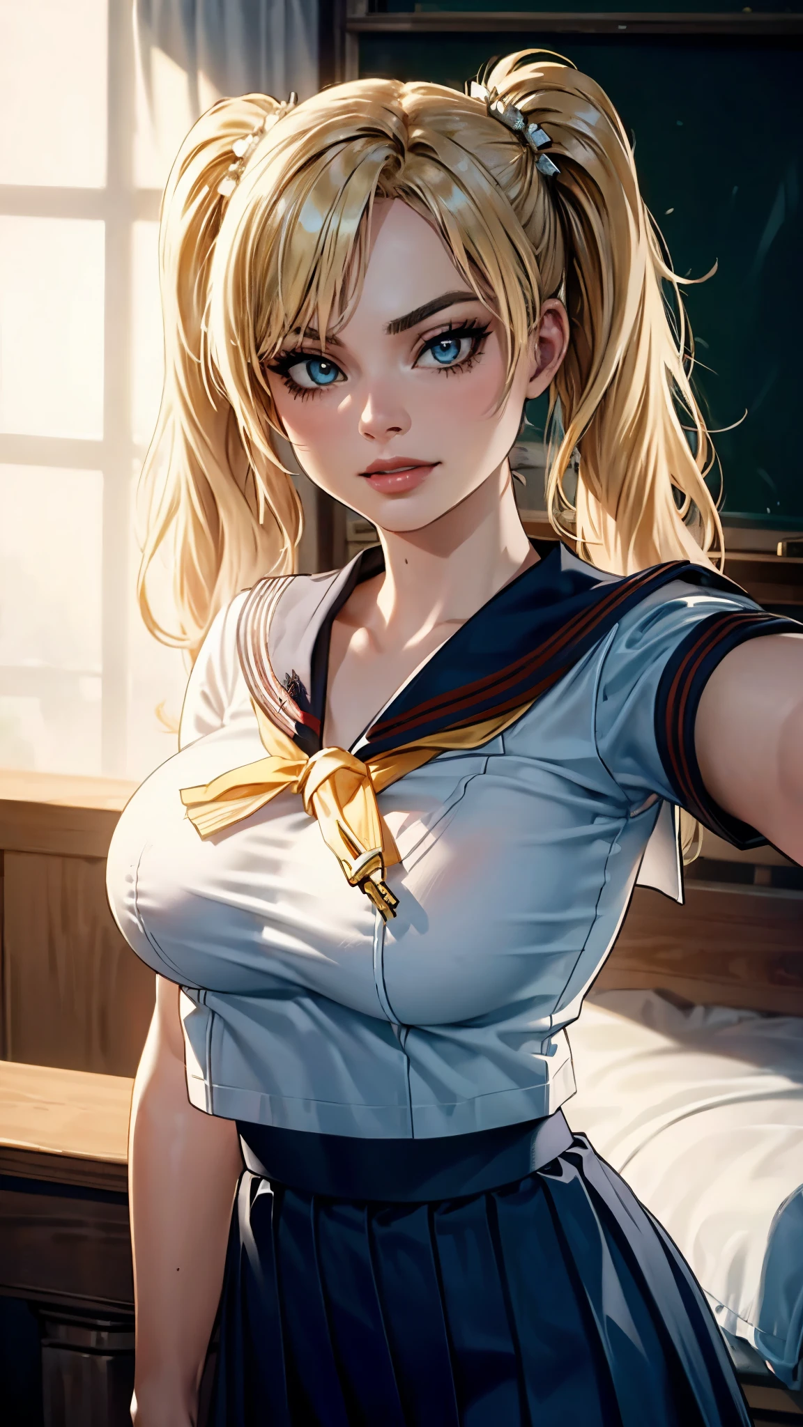 photo of Margot Robbie, (((twin tails))), (((sailor costume, schoolgirl, skirt, cleavage))), (((big breasts))), ((hourglass figure)), ((light blonde hair)), photorealistic, masterpiece, realistic, realism, photorealism, high contrast, photorealistic, 8k HD high definition detailed realistic, detailed, skin texture, hyper detailed, realistic skin texture, best quality, (photorealistic:1.4), high resolution, detailed, raw photo, photo realistic, (high detailed skin:1.2), 8k uhd, dslr, soft lighting, high quality, film grain, Fujifilm XT3), hyper realistic lifelike texture dramatic lighting unreal engine, even, neutral light, key light, bold, bright colours, smirk, brat, sexy, nsfw, tokyo, home, indoor, selfie, (((close up, upper body)))