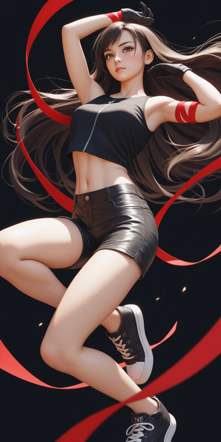 (masterpiece,Highest quality,Ultra-high resolution),(((A very beautiful girl))), age 25, acTifa, brown eyes, dark brown long hair, black shirt, black tank top, zipper, black skirt, midriff, black shorts, black gloves, red arm ribbon, black sneakers, dynamic pose, sexy pose, blush, hair blowing in the wind, black background 