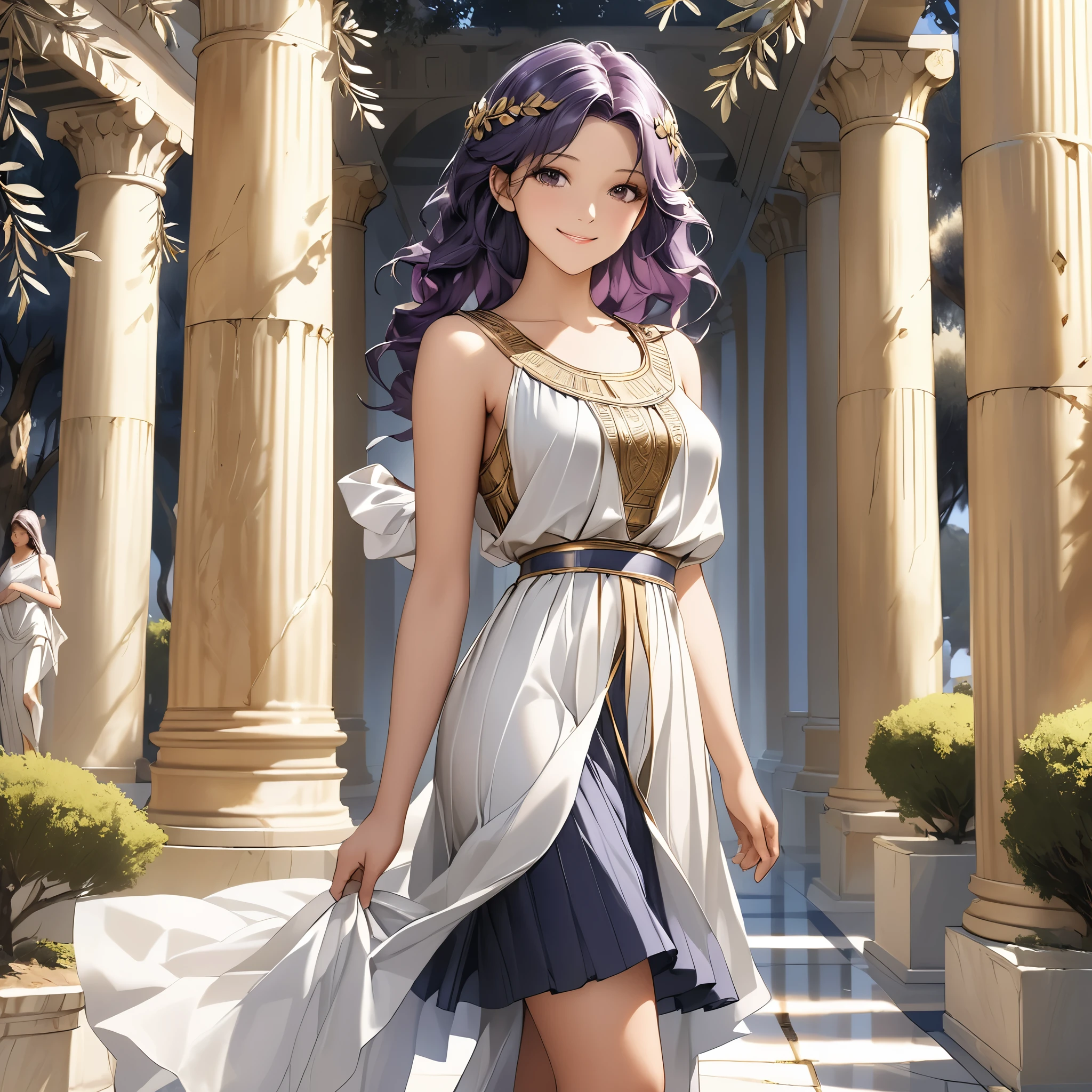 A girl wearing an ancient Greek chiton, standing elegantly, the chiton flowing gracefully with pleats, intricate patterns embroidered, delicate sandals, dark wavy hair styled in a Greek fashion, serene expression, set against a backdrop of ancient Greek architecture with marble columns, olive trees in the background, soft sunlight casting gentle shadows, historical and mythological ambiance, high detail, realistic style, deep purple hair , hyper beautiful face, purple hair, perfect anatomy, shiny skin, beautiful smile, 