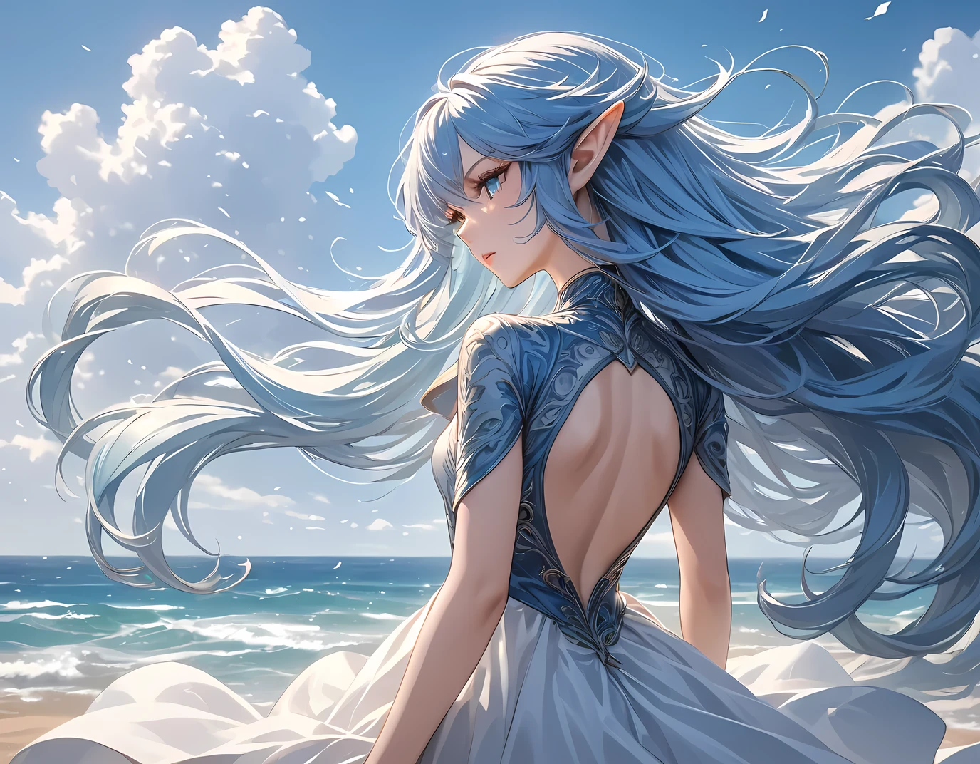 ((best quality)), ((masterpiece)), (detailed), perfect face, detailed eyes, (best quality), (detailed skin:1.3), (intricate details), elf, blue hair, long hair, floating hair, big hair, pointy ears, She shows her back, back view, She turns around and looks at, Her lush hair is blown up by the wind, Wind blowing up from the bottom, hair blown up by the wind