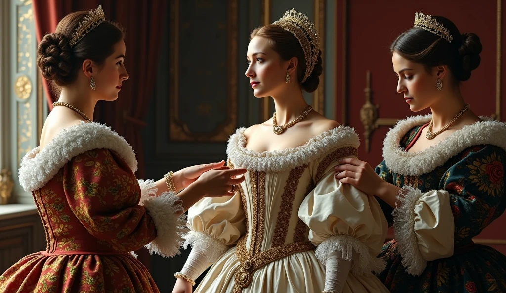 Rihanna as Duchess of "Bridgerton" being attended to by her maids