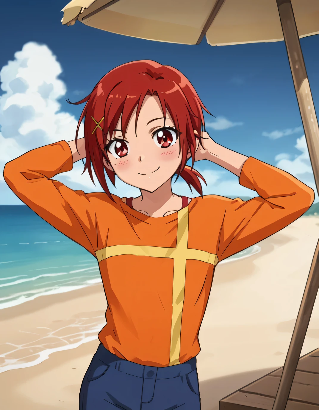 Hino Akane SM, red hair, red eyes, short hair, short ponytail, x hair ornament, hairclip, orange shirt, long sleeves, long shirt, untucked, blue pants, high quality, closed mouth, looking at viewer, smile, showing armpit, looking at viewer, solo, contrapposto, spread armpit, arms behind head, smile, looking at viewer, cowboy shot, closed mouth, night sky, beach, best quality, blushing