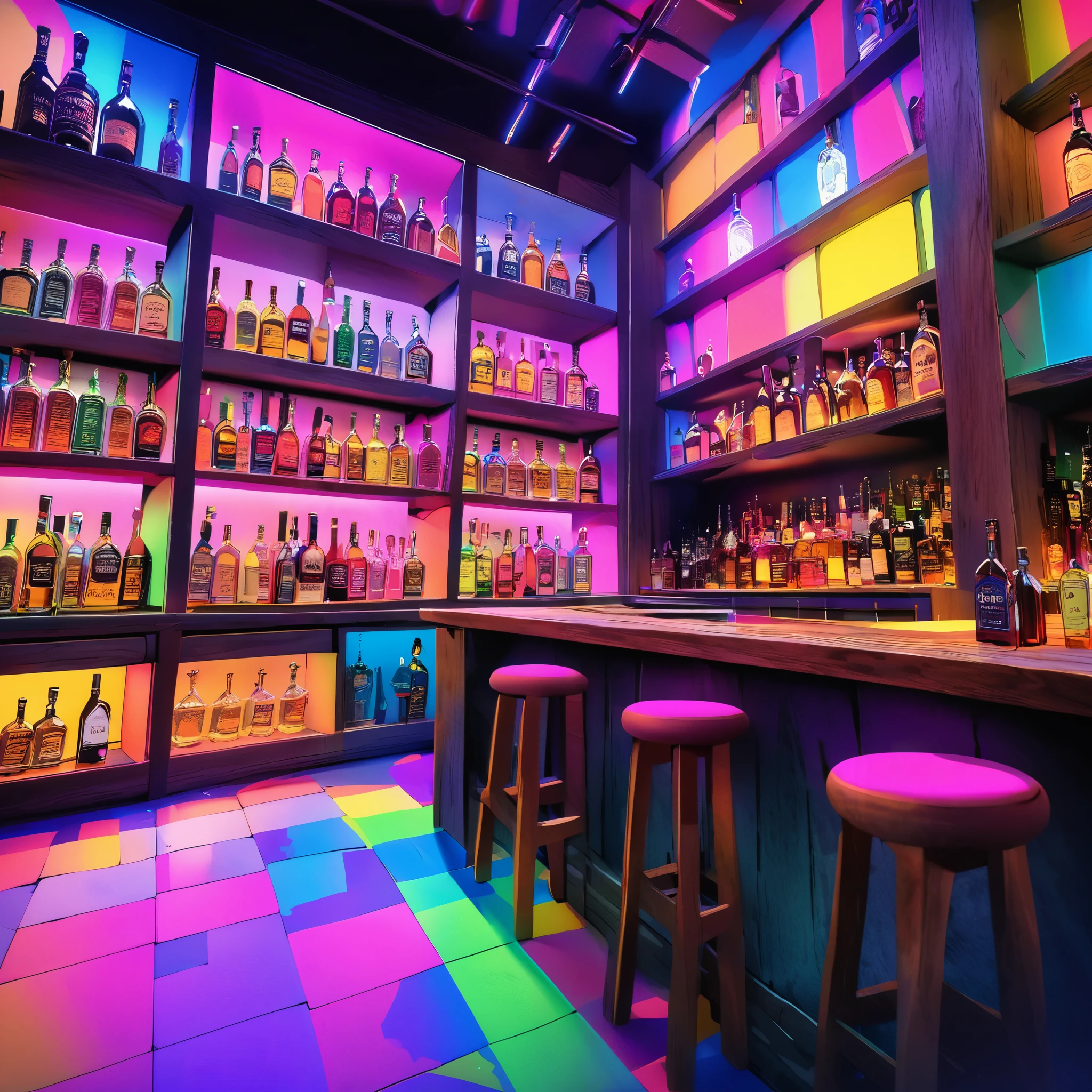 The bar counter is made of thick, solid wood, and the bottle shelves are upright and display liquor bottles. The interior is all black, and the wall is painted in fluorescent, psychedelic patchwork style.