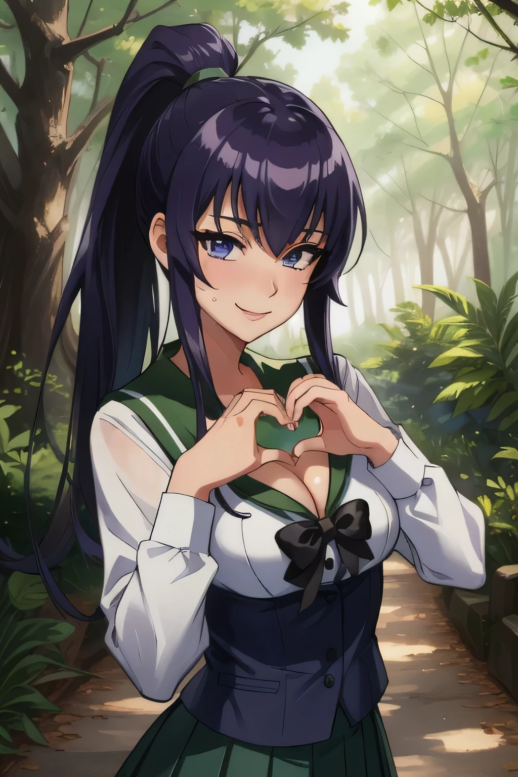 (masterpiece, best quality),  intricate details,
 1girl, busujima_saeko, purple hair, school uniform, skirt, ponytail, very long hair,
  seductive smile, outdoors, forest,  sweating, weat, cleavage,making a heart with hands,