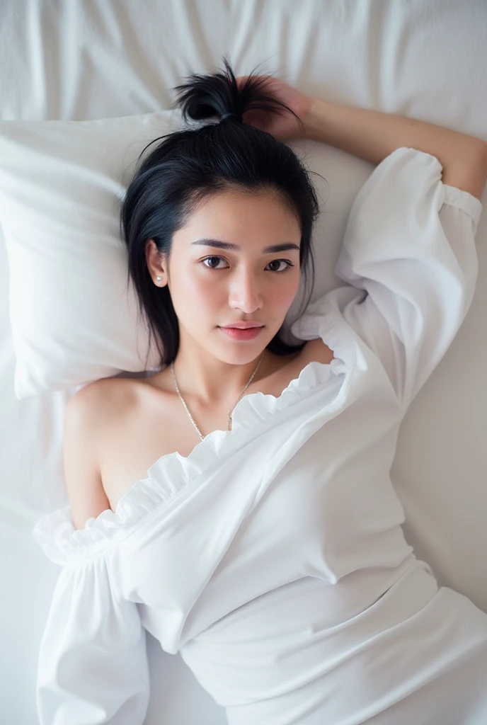 Top view, Beautiful Japanese women ,chest clamp ,black hair tied in a ponytail,ideal plump body, , a compact bust is ideal., wear a silver necklace , wear a sexy short dress , white,Lying on the bed,Look at the audience