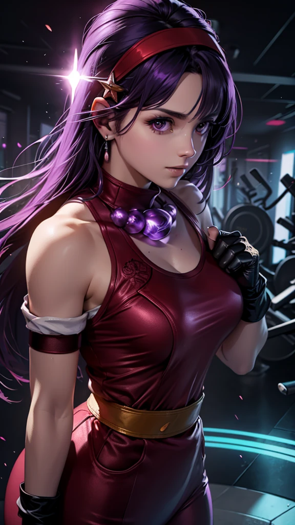 Realistic 1.2, She is at the gym, gym, headband, long hair, purple hair fingerless gloves, purple eyes, headband vermelha, jewelry, star, (symbol), hair ornament, red sports skirt ,  black legue pants underneath , hair ornament de star, big breasts, red tank top, fringe, big breasts, red gloves, ( Computer-generated images) e VFX (Visual Effect)  highlight intricate anatomical features in a perfect way. sfx, complement visual art, immersing the viewer. The level of detail is inspiring,  with meticulously crafted intricate elements ,  volumetric effects add depth and dimension , and the photorealism is unmatched. The image is rendered in 8K resolution,  ensuring super-detailed visuals , highlighting your beauty and aura in a supernatural way.  High Dynamic Range technology  (HDR)  makes the cores stand out , adding richness to the overall composition. Finally, this art presents an unreal portrait.