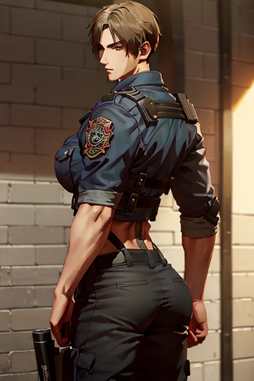 (Highly detailed CG), (Best Quality), (Highly detailed CG), (Best Quality), Back Alley,Leon S. Kennedy, SWAT Clothing, Beautiful and attractive young man, Lean and muscular, Large breasts,  with big butts ,