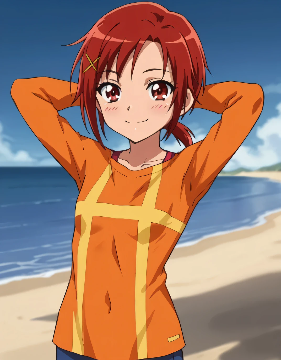 Hino Akane SM, red hair, red eyes, short hair, short ponytail, x hair ornament, hairclip, orange shirt, long sleeves, long shirt, untucked, blue pants, high quality, closed mouth, looking at viewer, smile, showing armpit, looking at viewer, solo, contrapposto, arms behind head, smile, looking at viewer, cowboy shot, closed mouth, night sky, beach, best quality, blushing