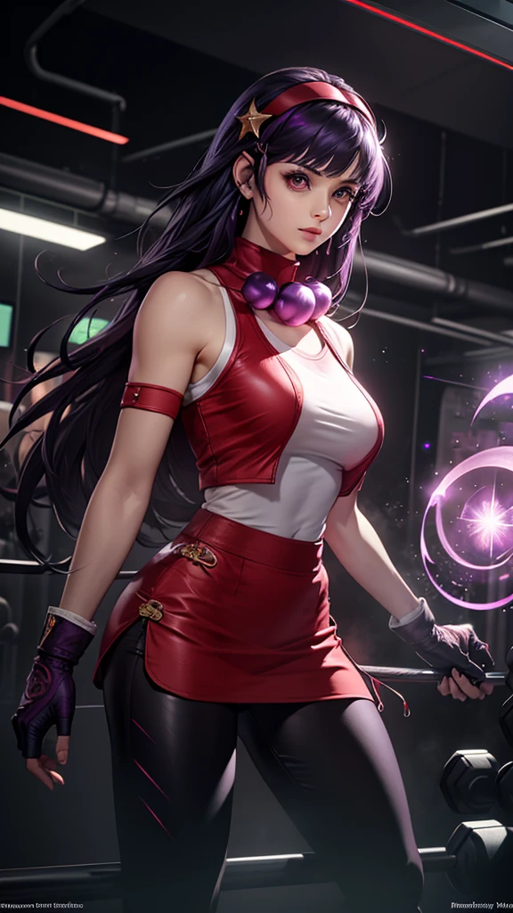 Realistic 1.2, She is at the gym, gym, headband, long hair, purple hair fingerless gloves, purple eyes, headband vermelha, jewelry, star, (symbol), hair ornament, red sports skirt ,  black legue pants underneath , hair ornament de star, big breasts, red tank top, fringe, big breasts, red gloves, ( Computer-generated images) e VFX (Visual Effect)  highlight intricate anatomical features in a perfect way. sfx, complement visual art, immersing the viewer. The level of detail is inspiring,  with meticulously crafted intricate elements ,  volumetric effects add depth and dimension , and the photorealism is unmatched. The image is rendered in 8K resolution,  ensuring super-detailed visuals , highlighting your beauty and aura in a supernatural way.  High Dynamic Range technology  (HDR)  makes the cores stand out , adding richness to the overall composition. Finally, this art presents an unreal portrait.