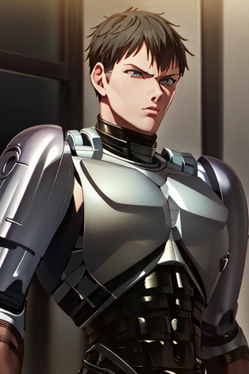 (Highly detailed CG), (Best Quality), (Highly detailed CG), (Best Quality), Back Alley,Leon S. Kennedy, RoboCop Armor , Beautiful and attractive young man, Lean and muscular, Large breasts,  with big butts ,