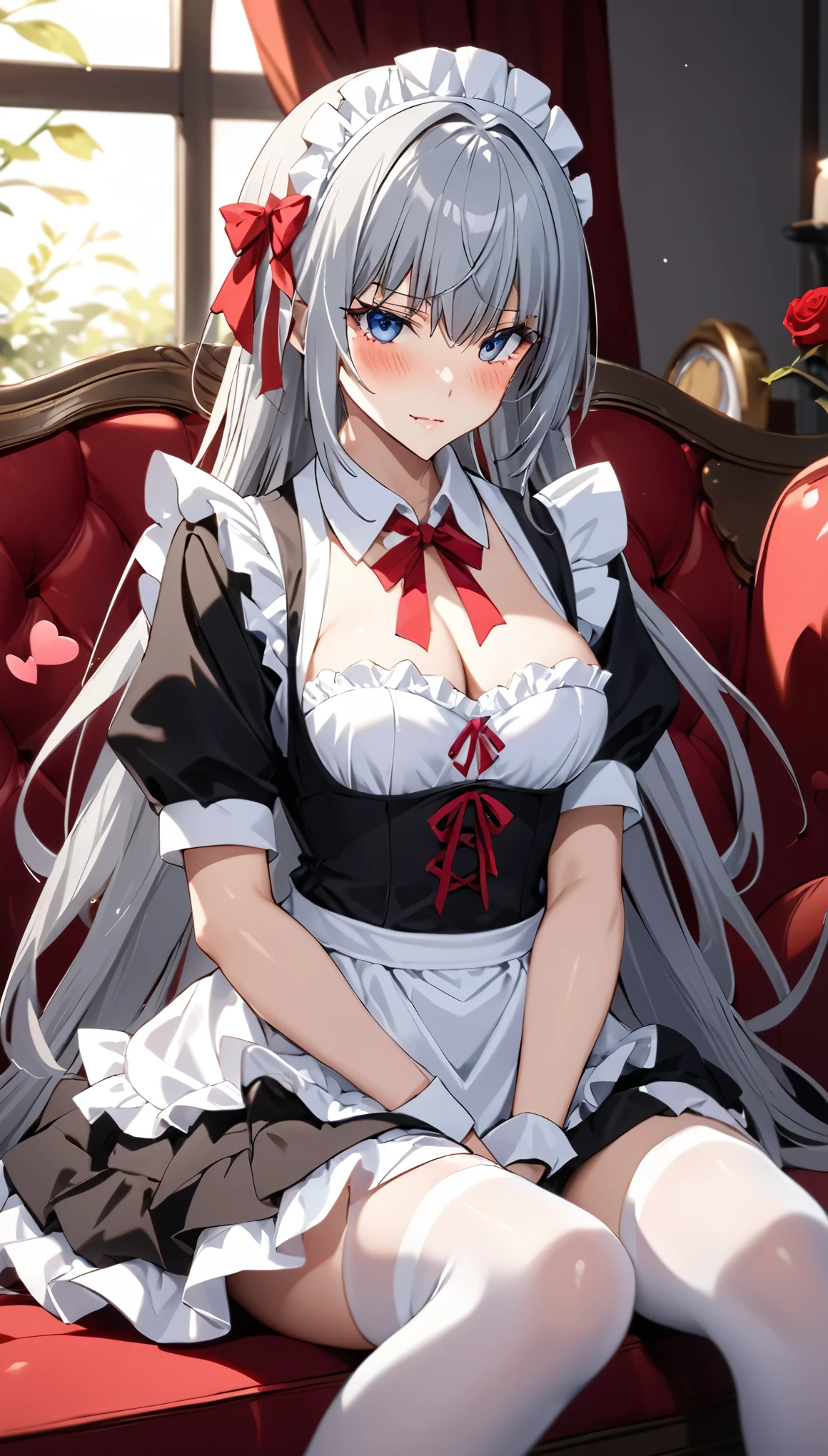  high resolution running suit ,  masterpiece , precise,  best quality,  High Detail , โมเดล high resolution running suit , background, sofa,  from the TenSura series - Tensei Shitara Slime Datta Ken, Luminous Valentine, Long hair, Gray hair, ( Blue eyes:1.2), Red eyes(Red eyes:1.2), Black pupil, Blushing, Medium bust, Wear a maid outfit,  White Stockings, Holding a glass of wine, Sit cross-legged