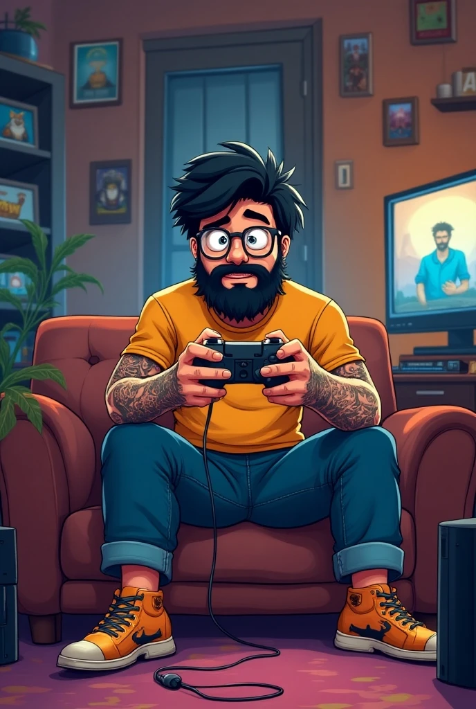 A man in front of his computer playing a video game, he drinks a beer and burp. Cartoon.