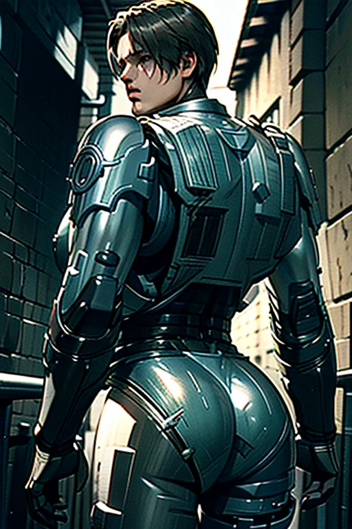 (Highly detailed CG), (Best Quality), (Highly detailed CG), (Best Quality), Back Alley,Leon S. Kennedy, RoboCop Armor , Beautiful and attractive young man, Lean and muscular, Large breasts,  with big butts ,