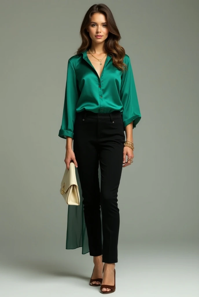 a portrait photo of a beautiful pale woman, Satin Emerald Green Velvet shirt tucked into pleated palazzo pants with a wide belt, shot with Rolleiflex 2.8F, detailed face, detailed hair, best quality, masterpiece, (photorealistic:1.4) <lora:avad:1>