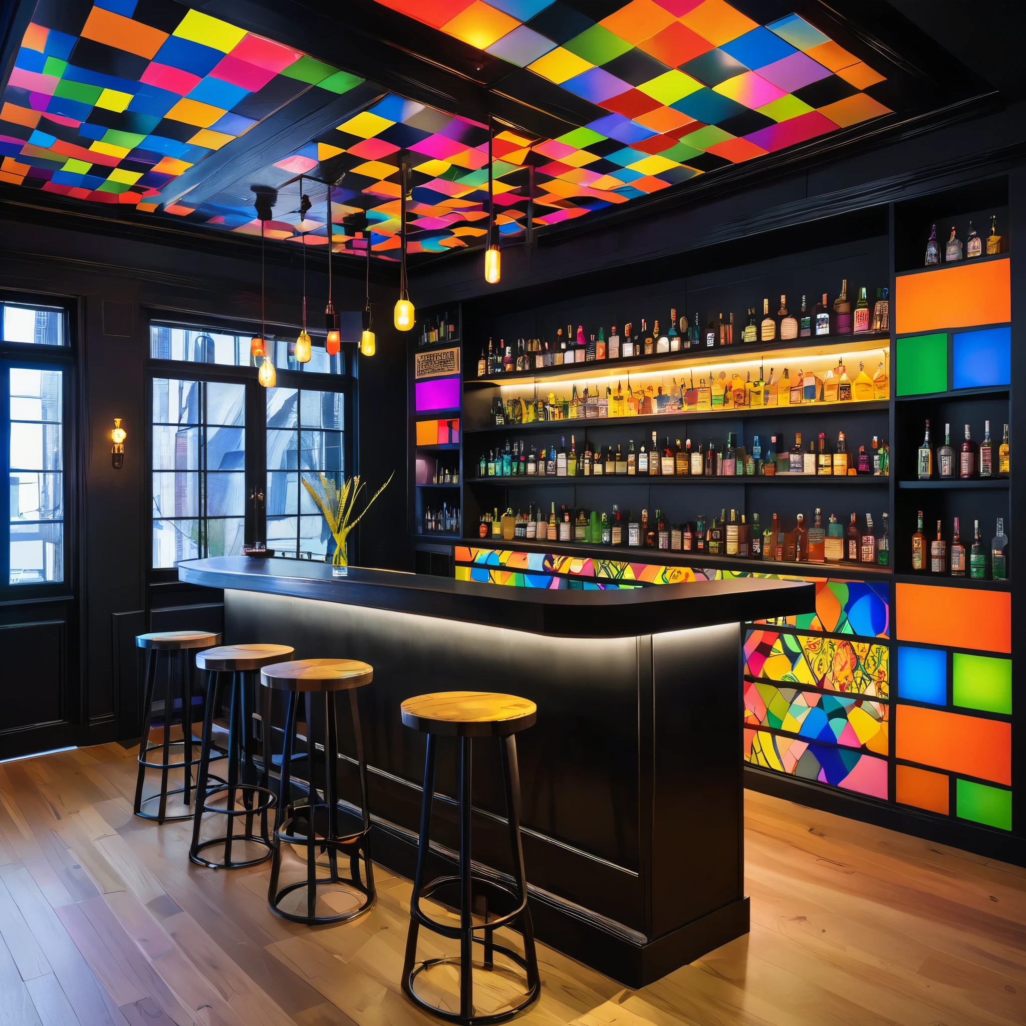 The bar counter is made of thick, solid wood, and the bottle shelves are upright and display liquor bottles. The interior is all black, and the wall is painted in fluorescent, psychedelic patchwork style.