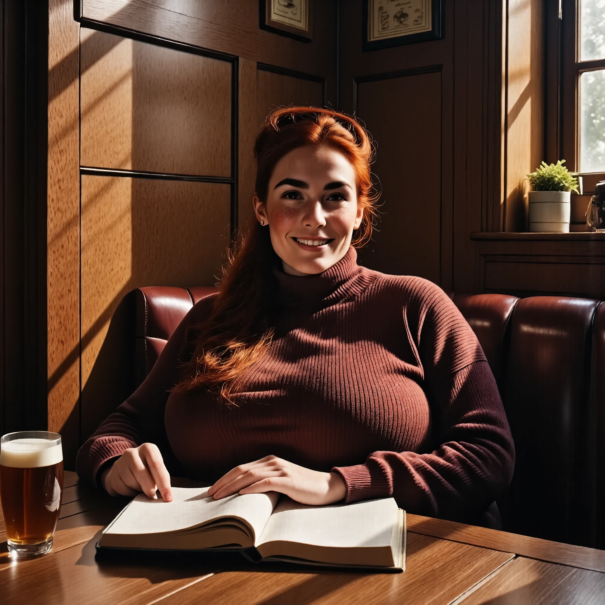 Photorealistic, cinematic style, picture of a beautiful British woman in a rustic pub. She's sitting in a booth with an opened book on the table next to the brown beer glass. (Dynamic pose: 1.5), smile. She has Brown eyes, downturned eye shape, light skin and freckles, reddish-brown hair, ponytail hairstyle . She's wearing a knitted sweater with rich earthy brown colours, dark brown corduroy trousers. Dark brown wood paneling, wooden table. ((Theme colour is brown)). perfect hand,HDR, intricate details ,