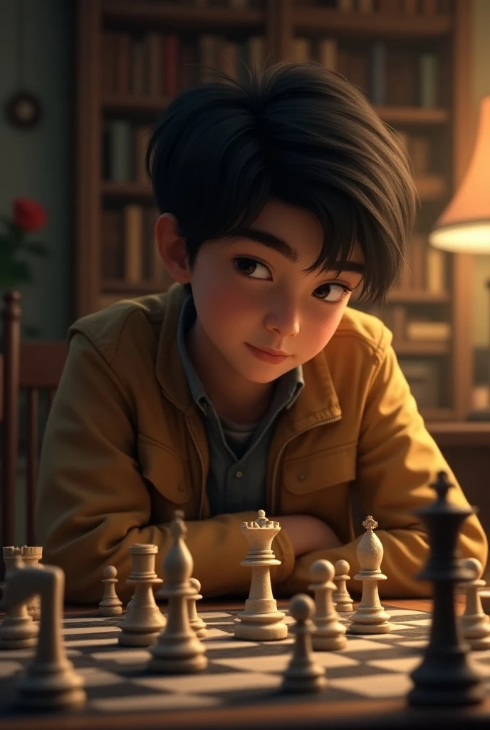 Redhead boy playing sad chess