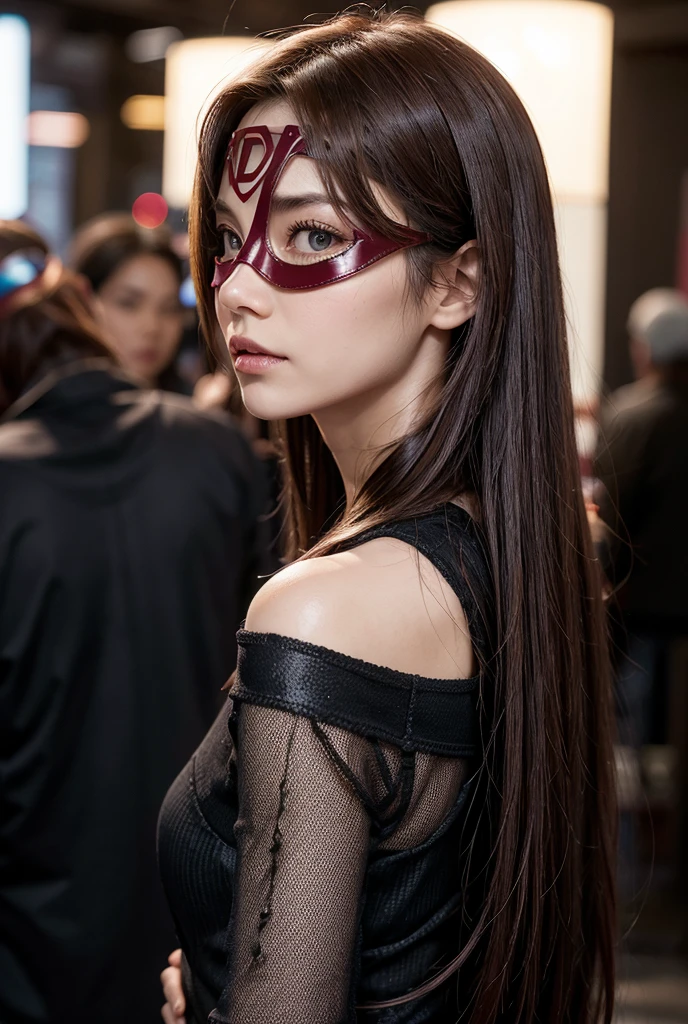 Woman looking back over shoulder wearing a maroon metal Daredevil eye mask long hair