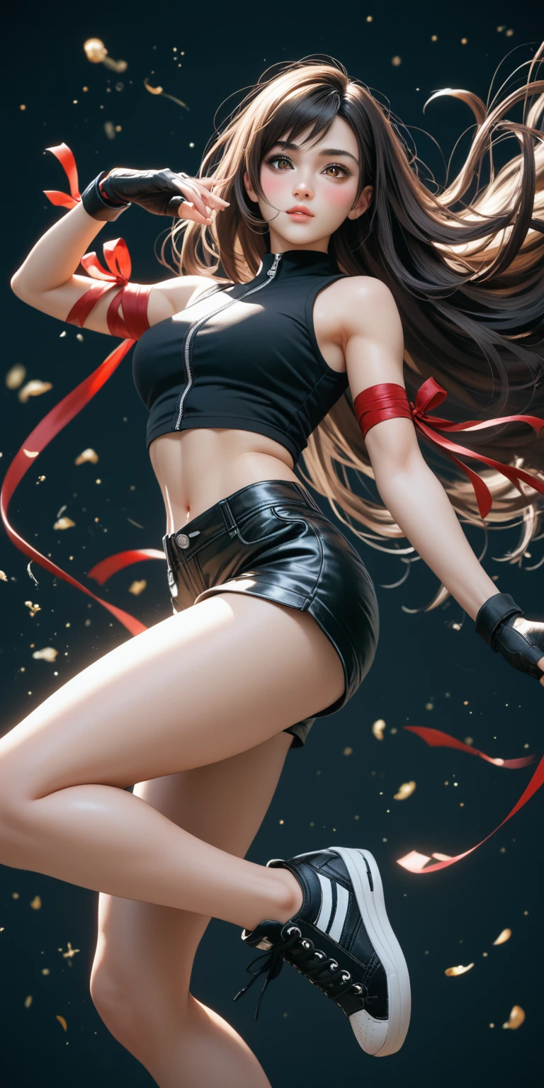 (masterpiece,Highest quality,Ultra-high resolution),(((A very beautiful girl))), age 25, acTifa, brown eyes, dark brown long hair, black shirt, black tank top, zipper, black skirt, midriff, black shorts, black gloves, red arm ribbon, black sneakers, dynamic pose, sexy pose, blush, hair blowing in the wind, black background 