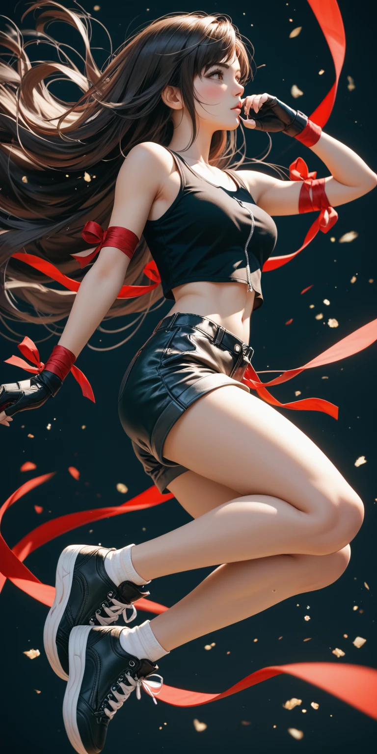 (masterpiece,Highest quality,Ultra-high resolution),(((A very beautiful girl))), age 25, acTifa, brown eyes, dark brown long hair, black shirt, black tank top, zipper, black skirt, midriff, black shorts, black gloves, red arm ribbon, black sneakers, dynamic pose, sexy pose, blush, hair blowing in the wind, black background 