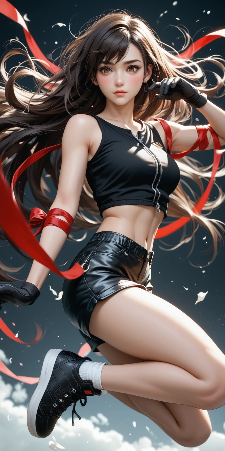 (masterpiece,Highest quality,Ultra-high resolution),(((A very beautiful girl))), age 25, acTifa, brown eyes, dark brown long hair, black shirt, black tank top, zipper, black skirt, midriff, black shorts, black gloves, red arm ribbon, black sneakers, dynamic pose, sexy pose, blush, hair blowing in the wind, black background 